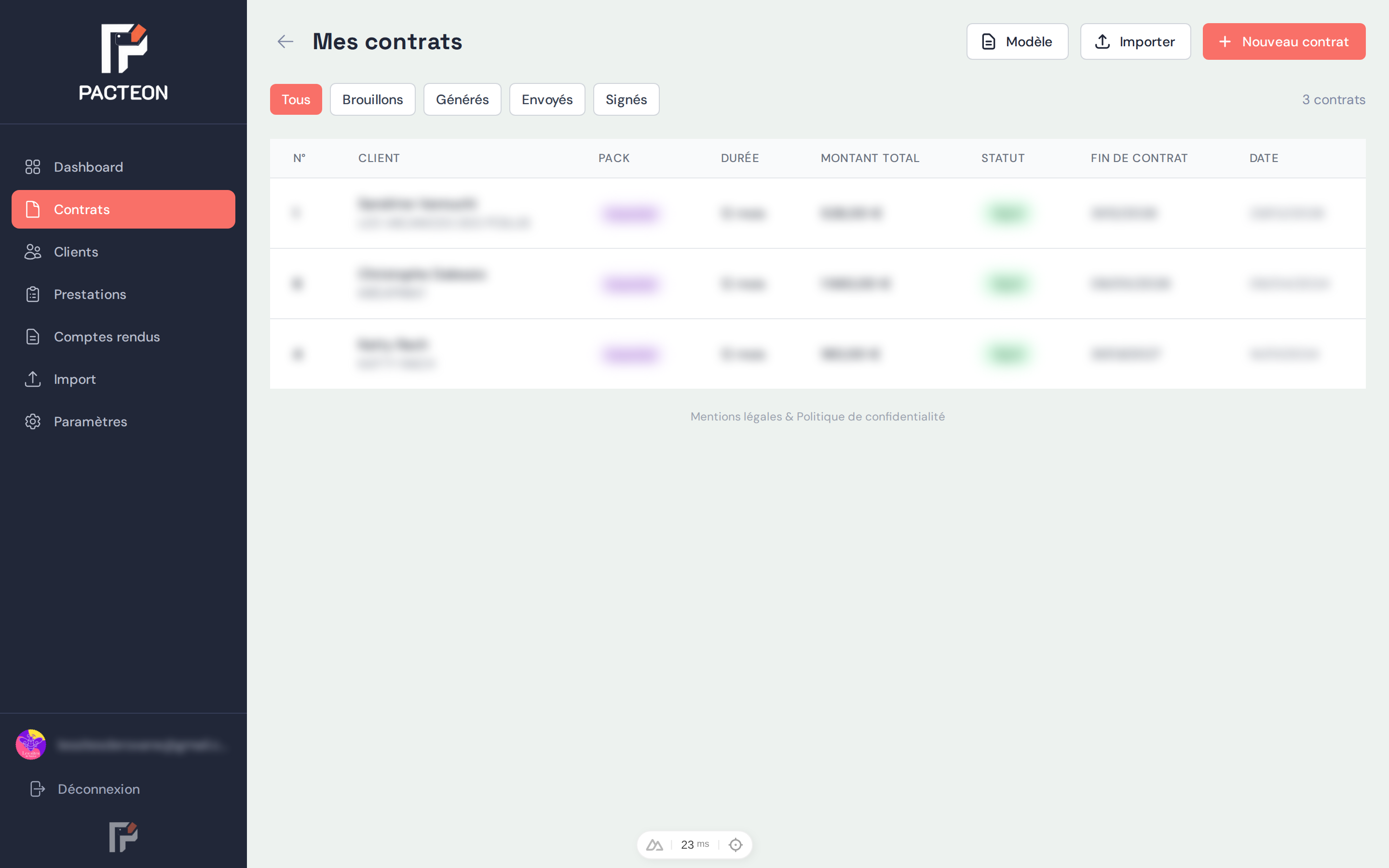 Liste des contrats Pacteon — Filtrage par statut, recherche et création rapide