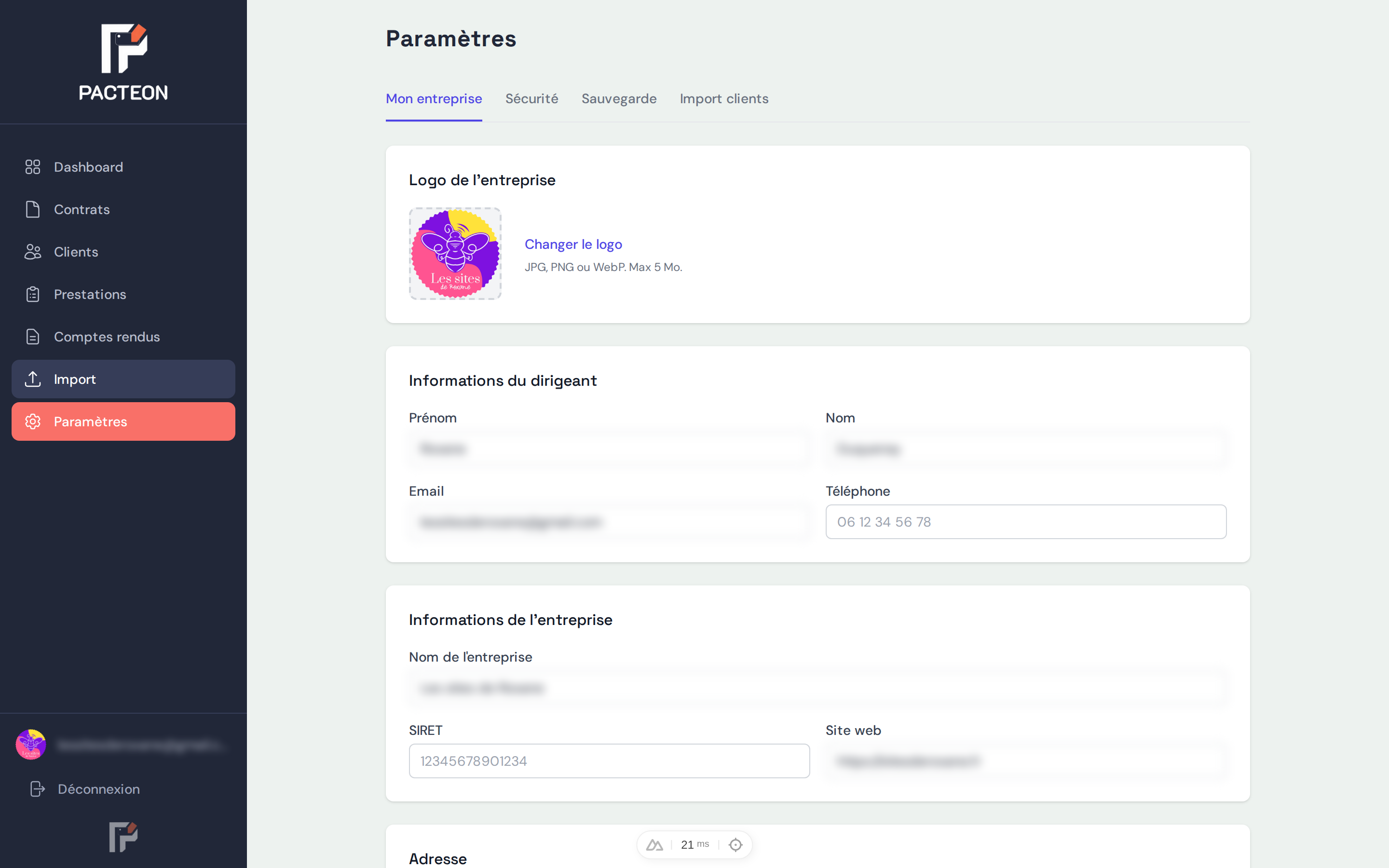 Paramètres Pacteon — Configuration entreprise, sécurité, sauvegarde et import