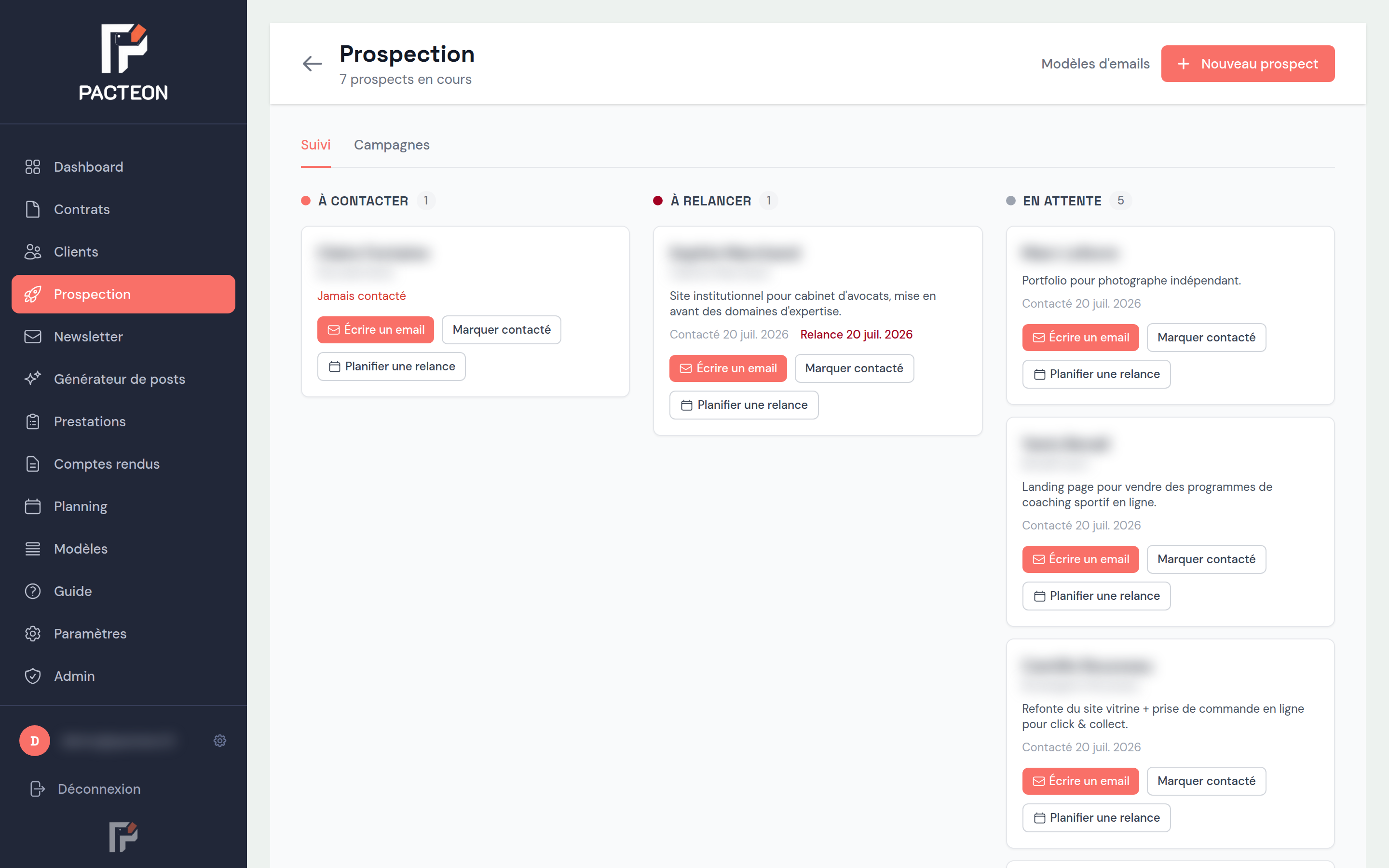 Onglet Prospection de Pacteon : suivi des prospects par étape et génération d'emails par IA