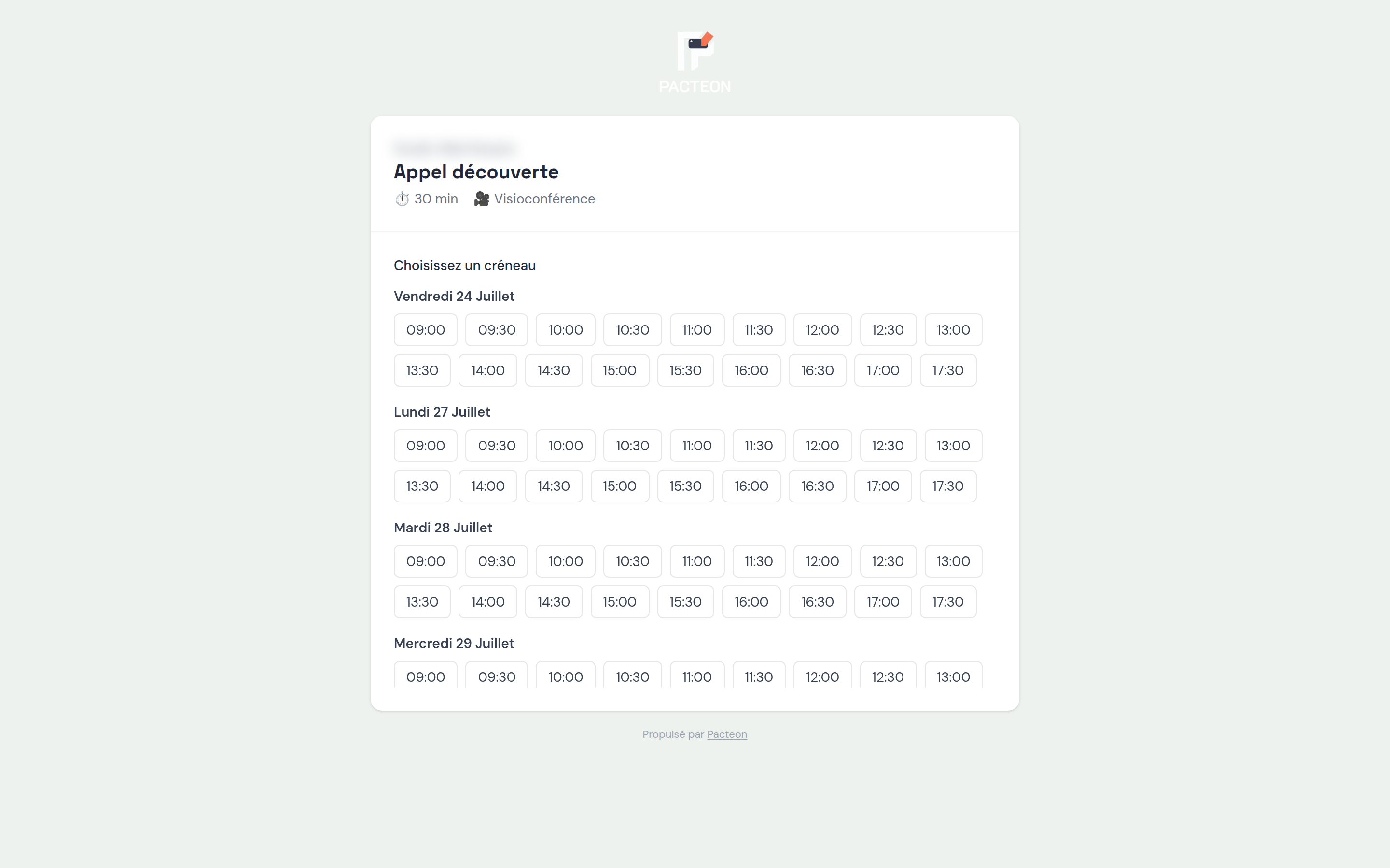 Page de réservation en ligne Pacteon : créneaux disponibles et visioconférence, façon Calendly